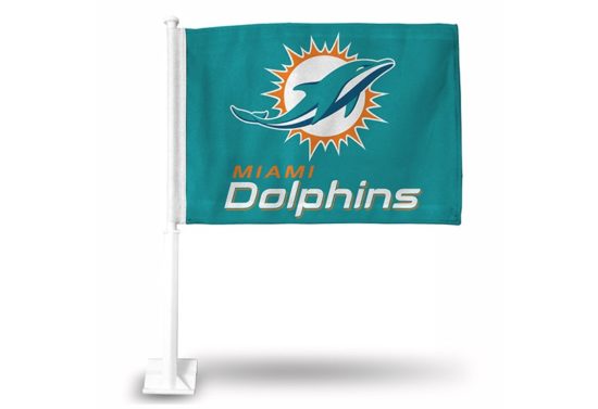 DOLPHINS LOGO/WORDMARK CAR FLAG TEAL BACKGROUND